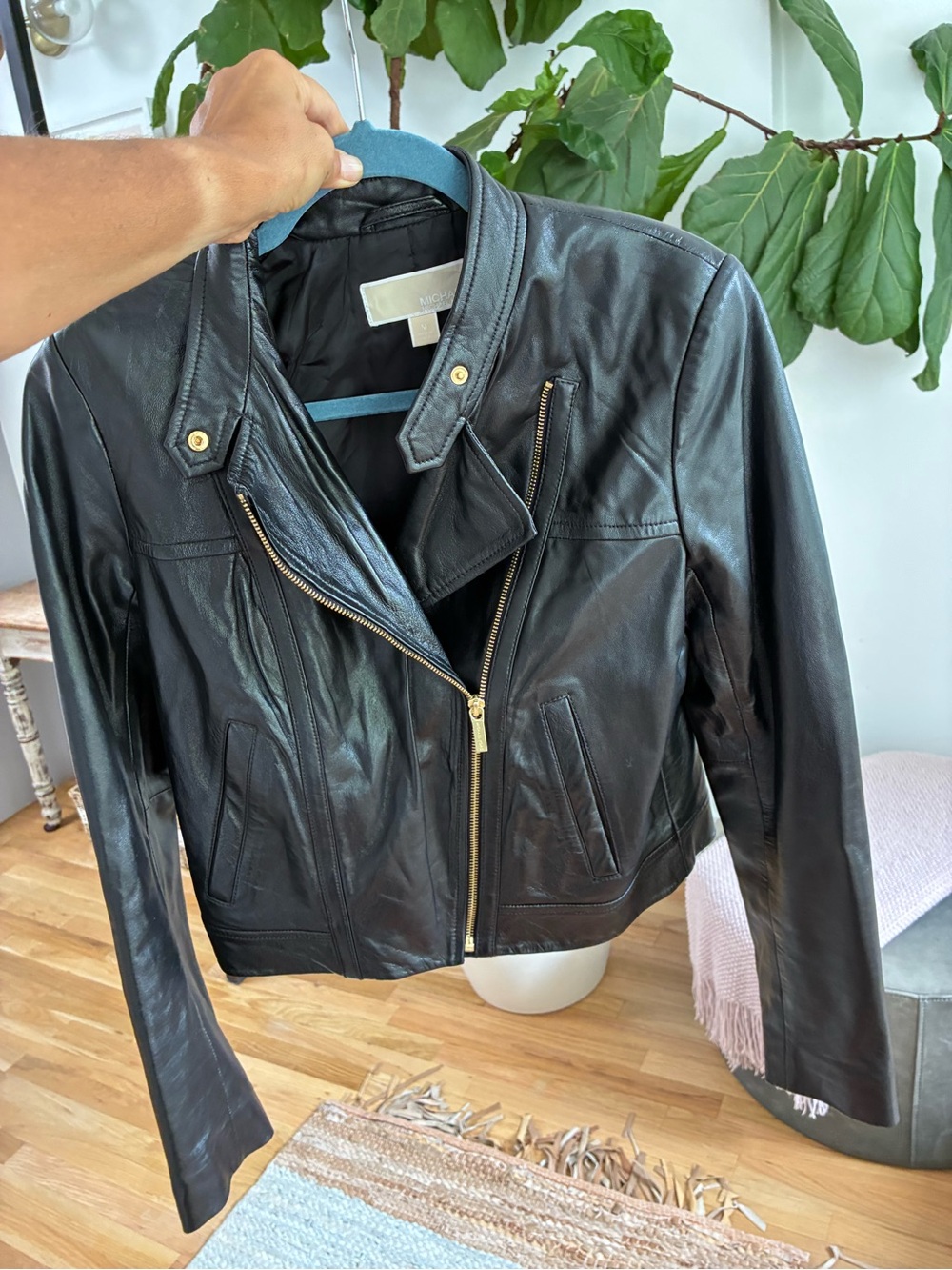 MICHAEL Michael Kors Black Leather Asymmetric Moto Jacket with Gold Hardware